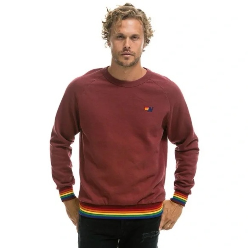 Aviator Nation Rainbow Rib Crew Neck Sweatshirt in Claret Medium
